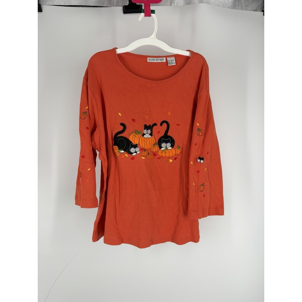 vtg y2k halloween black cat pumpkin embroidered top womens 1x orange fall autumn